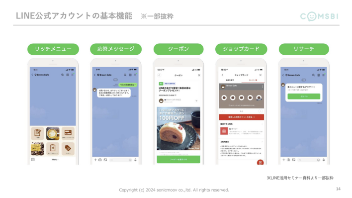 LINE公式アカウントの機能／リッチメニュー・応答メッセージ・クーポン・ショップカード・リサーチ