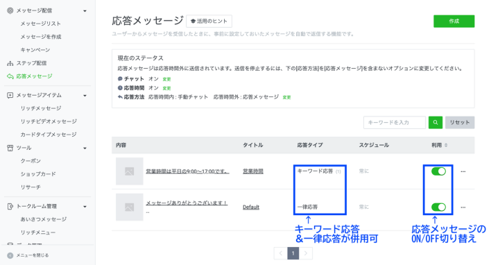 LINE応答メッセージ画面設定